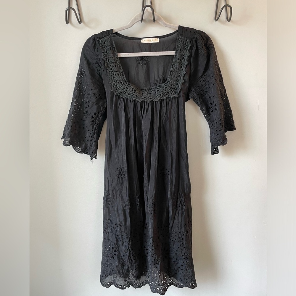 Laurie & Joe Paris, black boho flowy mini dress eyelet embroidery 100% silk